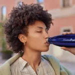 A woman drinks from her HomePure reusable bottle, advocating health, cleanliness, and sustainability through hydration.
