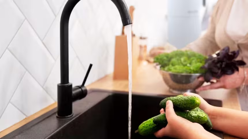 Cleaning vegetables at kitchen sink