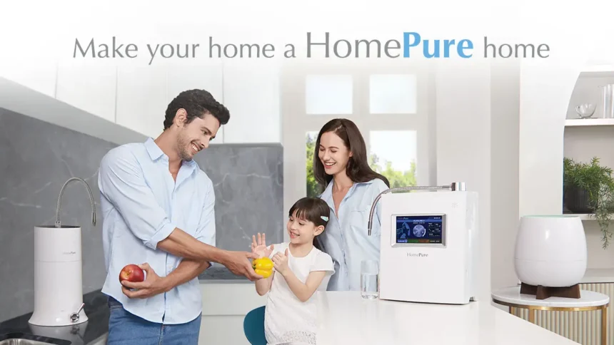 A joyful family of three, with HomePure products on the sides, enhancing home water and air quality.