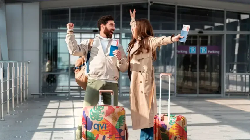 Couple excited to escape winter season by going on a budget-friendly package holiday, which they booked through a QVI holiday membership product called QVI Vacay