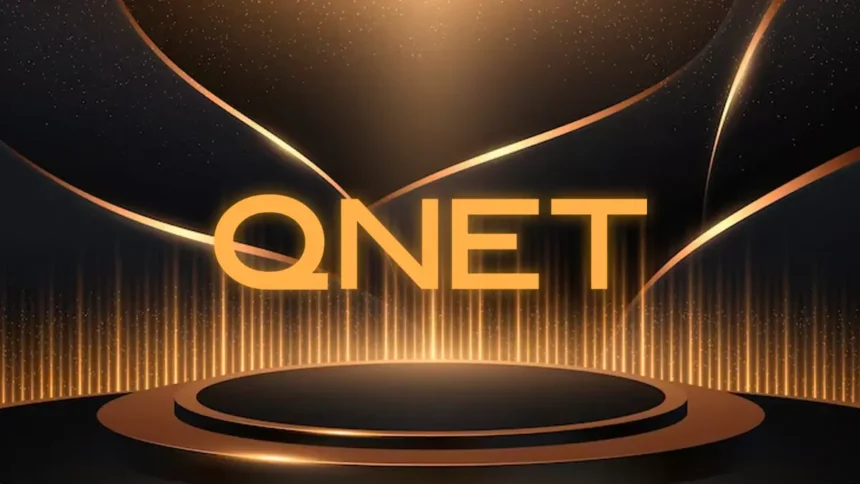 Gold and black banner with the company logo in gold to celebrate awards QNET won in 2023