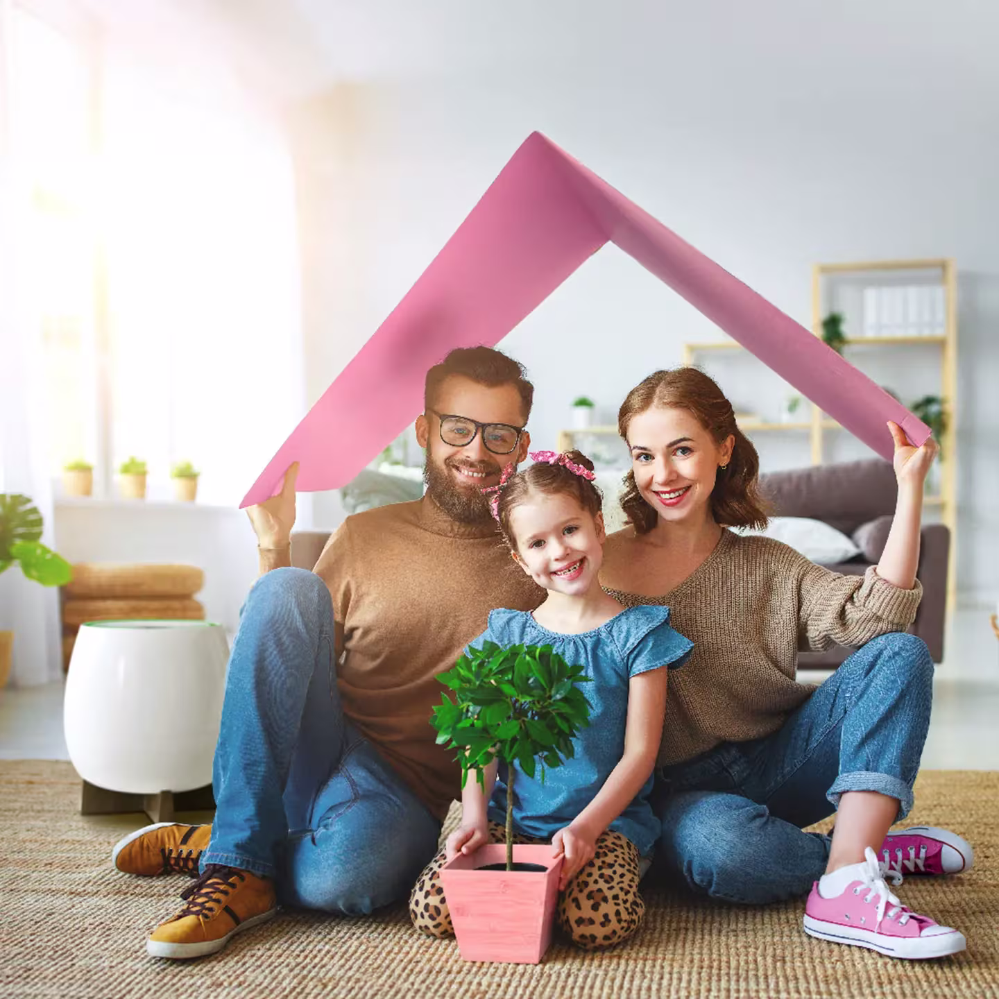 Championing Family: How Qnet Products Enhance Your And Your Loved Ones’ Wellness 2 Championing Family with QNET Products: A mom, dad and daughter are posing with a plant and large pink paper shaped like a roof, with HomePure Zayn keeping their indoor air safe from harmful pollutants