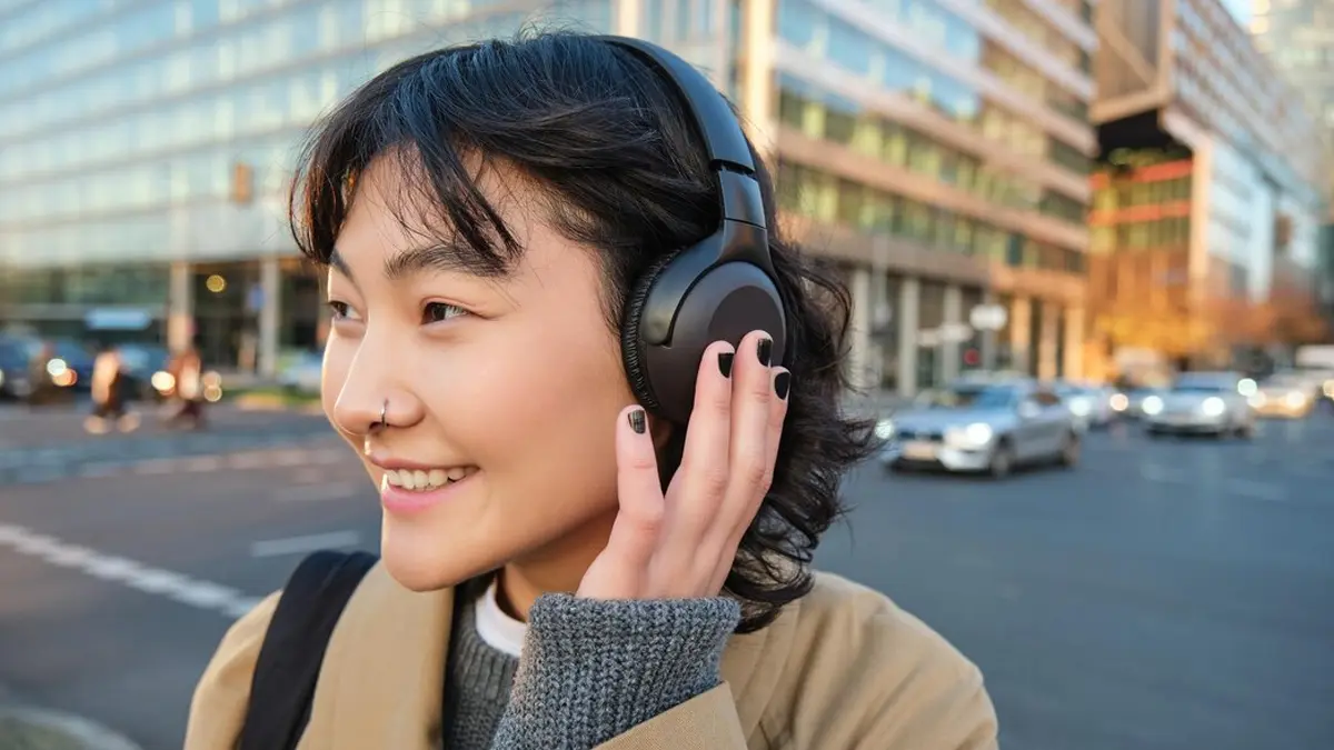Close up of Asian girl smiling while listening on her headphones out on the city streets